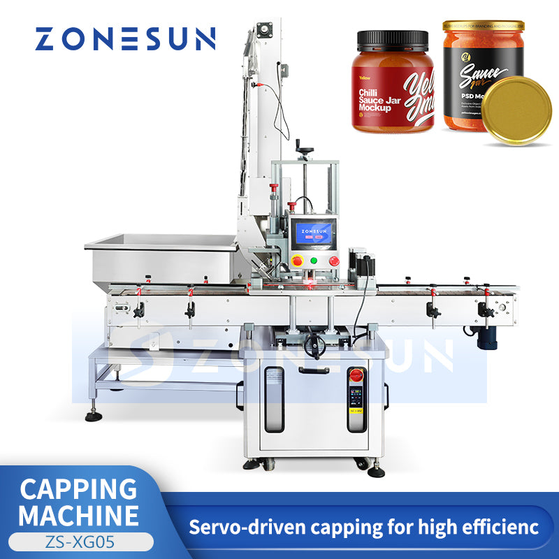 ZONESUN ZS-XG05 Automatic Servo Motor Round Jam Capping Machine with Cap Elevator