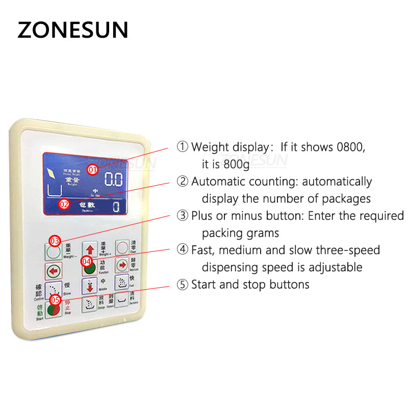 ZONESUN ZS-3000C 20-3000g Máquina de enchimento de pesagem de pó granular